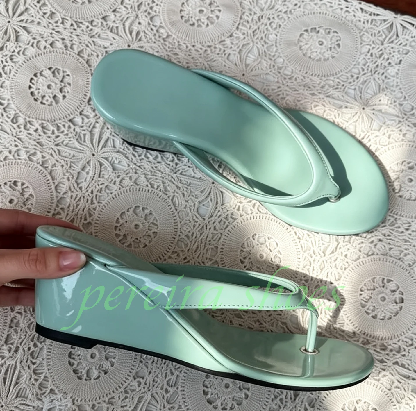 Women Mint Green Patent Pu Thong Flip Flop Wedge Heel Sandals Slip On Open Toe Summer Beach Vacation Outdoor Casual Slippers 46