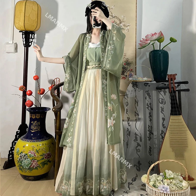 Vestido chinês bordado de moda Hanfu, Chá verde vestido fluindo, Mulheres antigas, Tiro Graduat, 3Pcs Set