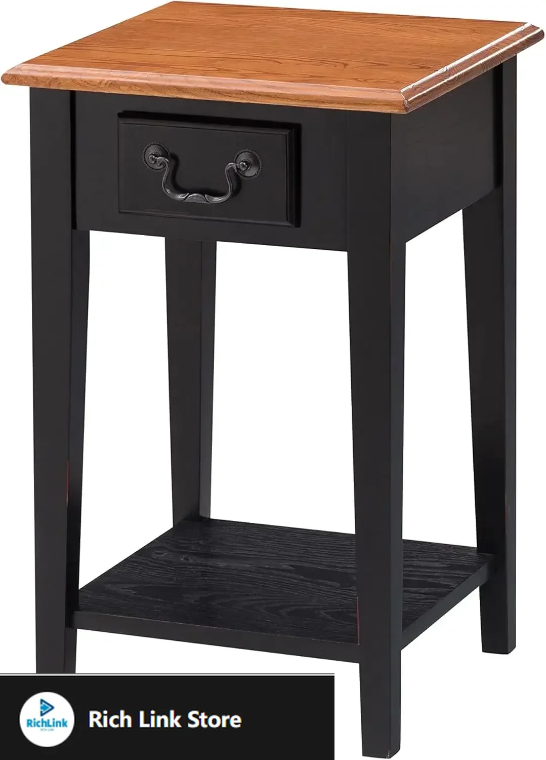 

One Drawer Square Side Table with Shelf, Medium Oak and Slate Black, 15" W