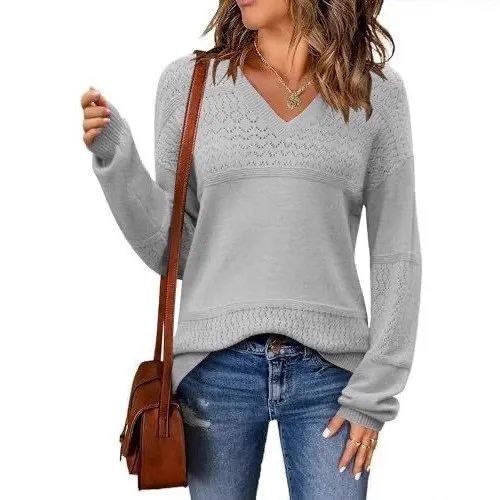 Hollow Out Pullover Sweater Regular Length Streetwear with Sexy Heat Set V Neck Medium Weight Spliced Regular Fit Women Sweater