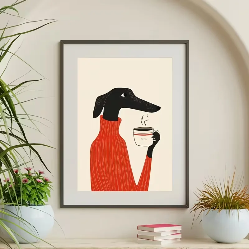 1pc Whimsical Greyhound Dog Drinking Coffee Wall Art Print - Modern Minimalist Canvas Poster, Frameless, Ideal for Living Room,