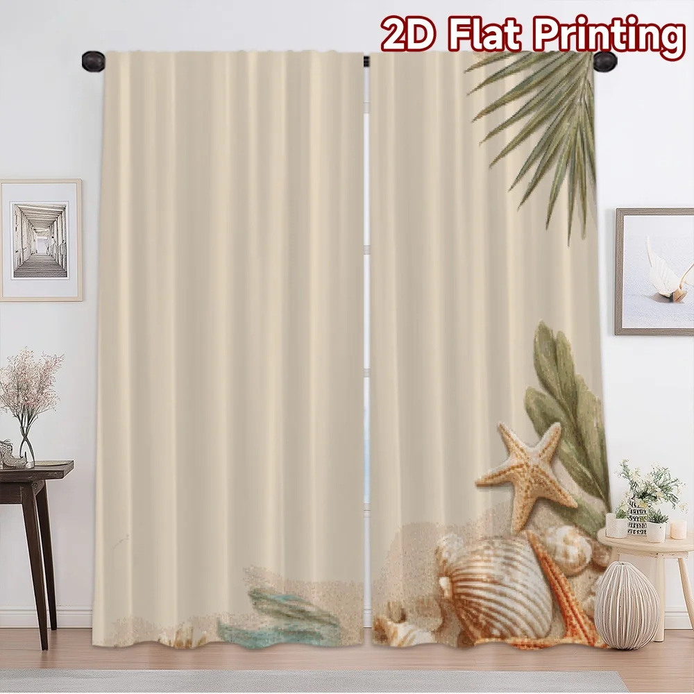 2D flat printing 2pcs Curtain Curtain Beach Shells Scene Digital Printed Polyester Drapes Festive Curtains Use for All Season