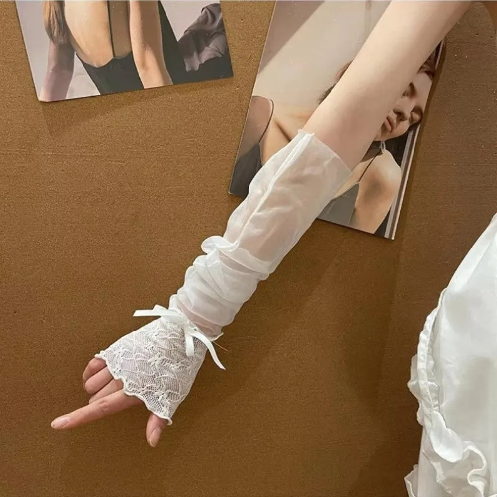 Y2K Lace Ruffle Mesh Gloves Bowknot Sheer Fingerless Gloves Tulle Sun Protection Lolita Gloves view 4
