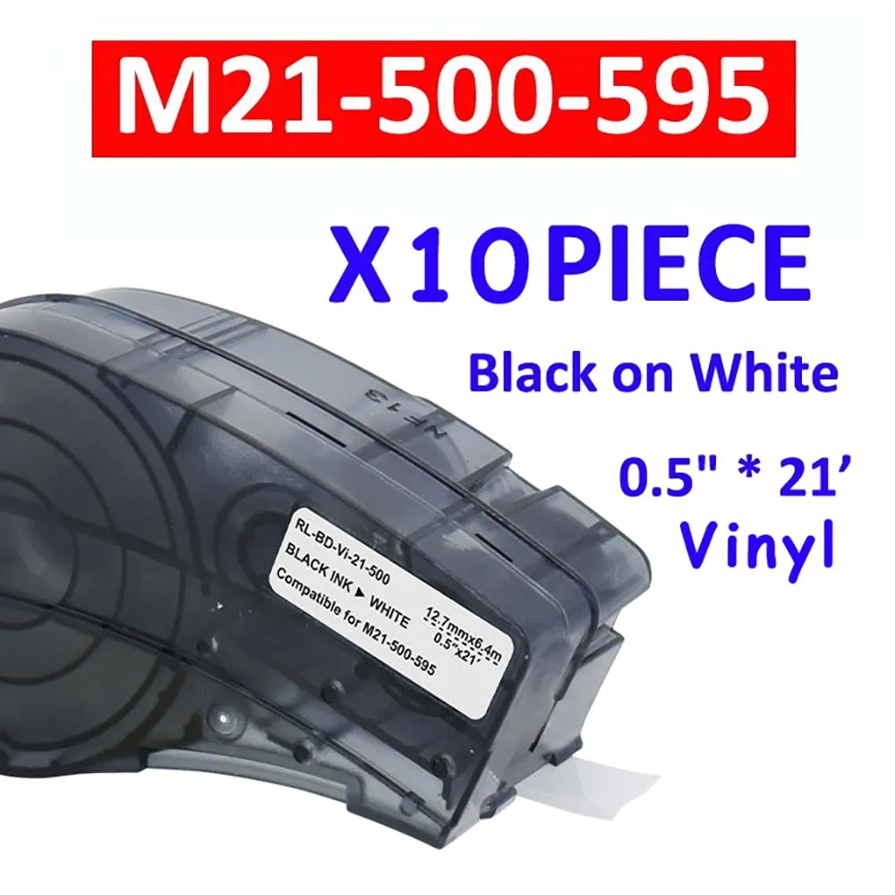 10PK M21-500-595 0.5'' 6.4m Vinyl Black on White Label Tape Cintas for Use in Brady BMP21 Plus Lab Handheld Ribbons