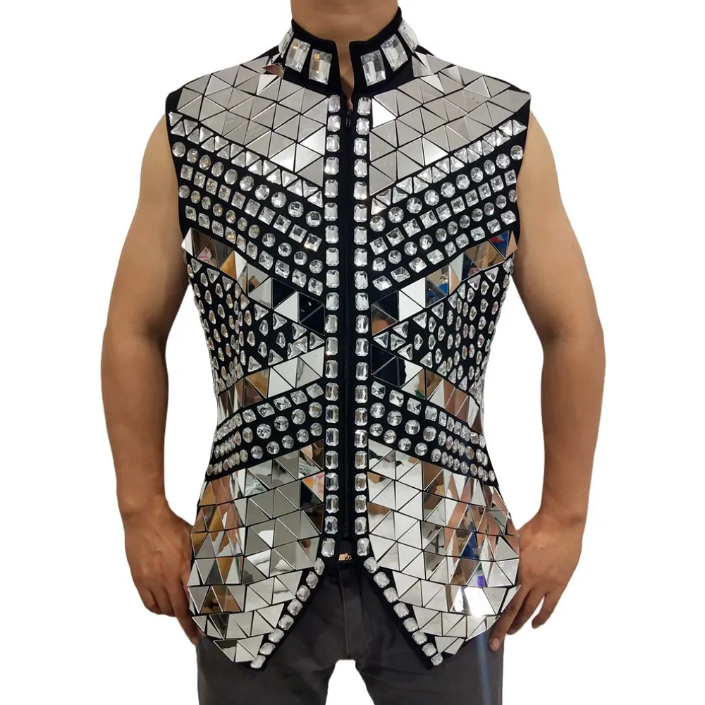 

Black White Mirror Rhinestones Waistcoat Male Singer Bar Concert Sequins Vest Coat Stage Performance Drummer Dance Costume