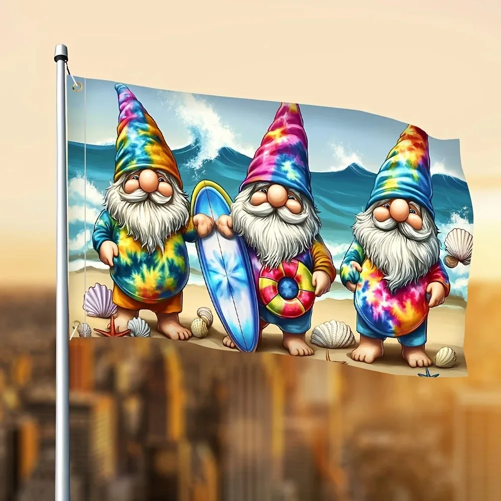 Tie-Dye Summer Beach Gnome Flag Surfing Outdoor Yard Decor Polyester Garden Banner