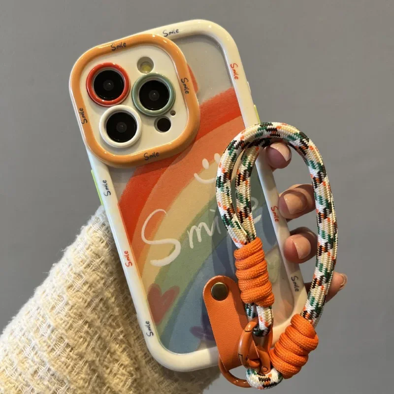 

Чехол для телефона с ремешком на запястье для iPhone 16 15 14 13 11 12 Pro Max, милый, красочный, с радужным узором, в стиле «чернила и смазка»
