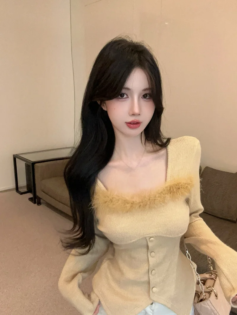

Slim Fit Knitted Base Shirt Women's Autumn Winter New Style Square Collar Long Sleeve Inner Wear Slimming Top Pure Color