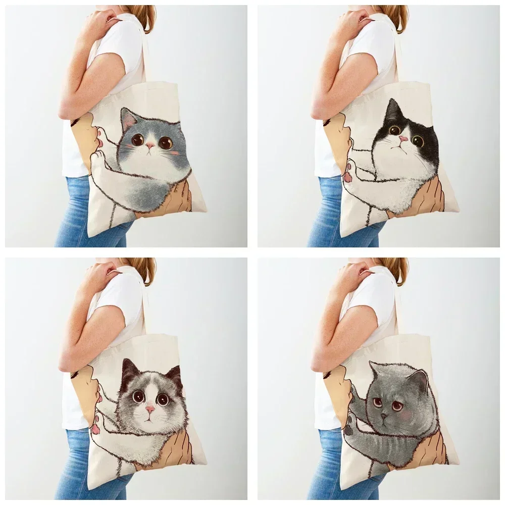 Sac à provisions en toile pour femme, sac à provisions des deux côtés, animal de compagnie mignon réutilisable, chat de dessin animé drôle, décontracté, femme, SE17