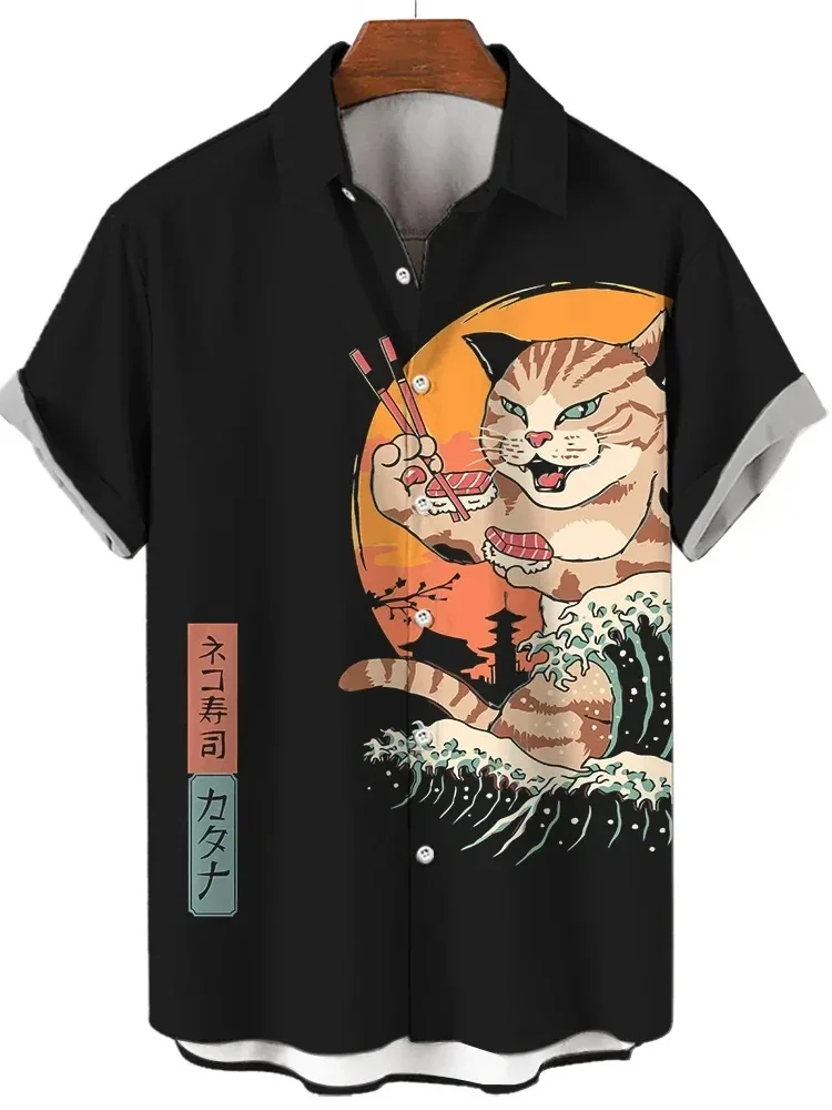 

Men's popular short-sleeved clothing Comfortable new fashion Hawaiian casual short-sleeved loose anime samurai cat shirt