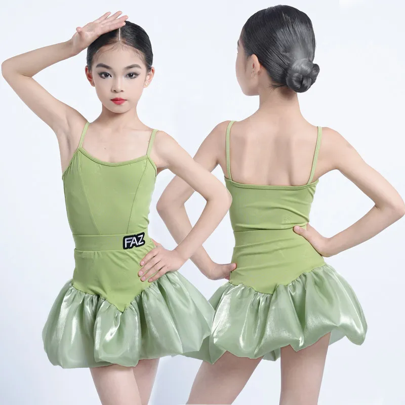 Kids Green Spaghetti Strap Puff Tulle Latin Dance Dress Cha Cha Rumba Ballroom Training Daily Class Stage Competition Dancewear view 2