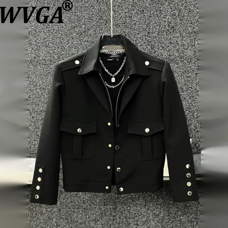 

WVGA Spring Autumn New Man Tide Heavy Metal Patchwork Trendy Button Double Collar Short Jacket Niche Chic Casual Coat Ins W14899