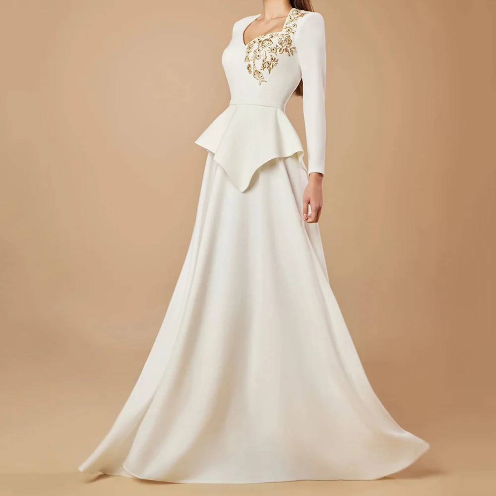 فساتين سهرة مخصصة على شكل حرف A بطول الأرض ورقبة على شكل حرف V وأكمام طويلة فستان حفلات أنيق مطرز بسيط ثنيات كاجوال للحفلات