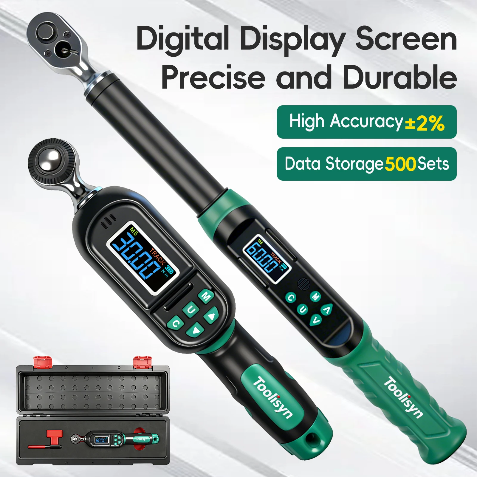 Clé dynamométrique numérique Toolisyn 0,3-500 N.m réglable, entraînement 1/4" 3/8" 1/2", précision ±2%, affichage LED et avertisseur sonore, outil de précision pour réparation de vélos et voitures