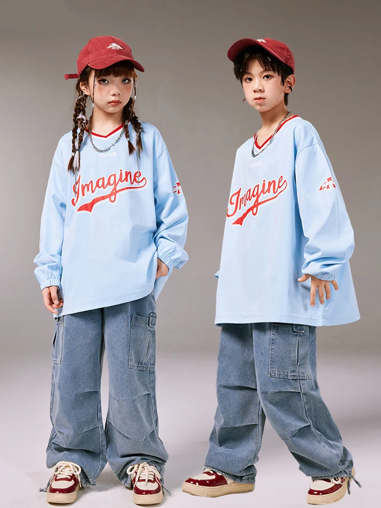 children Hip Hop Dance Costumes For Kids Blue Shirts Loose Pants Suit Girls Jazz Modern Dance Clothes Boys Streetwear DQS14992