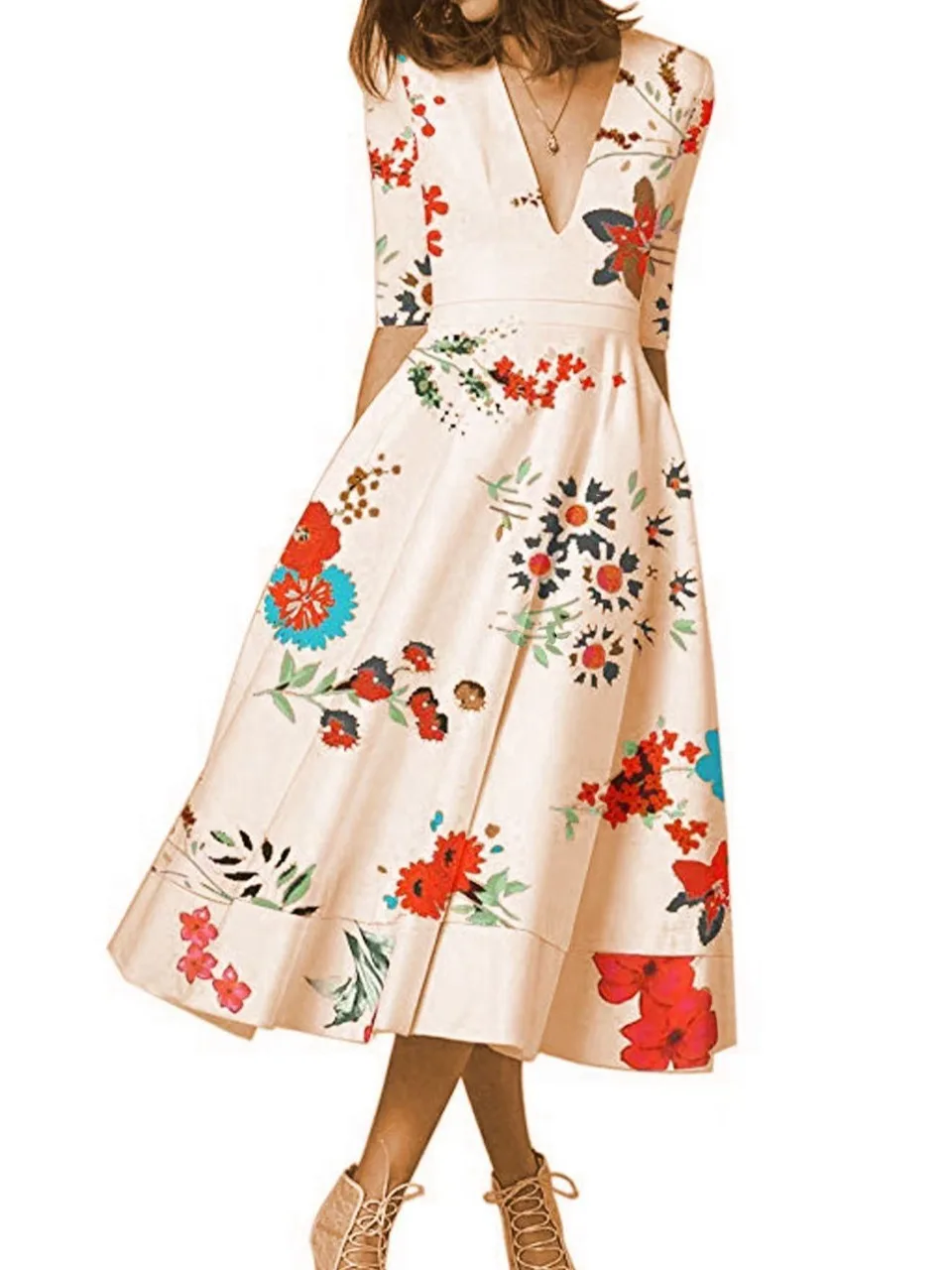 Faionable Sexy Deep V-Ne Print Waist-Cinched Mid-Sve Midi Dr Gown Lightweight Luxury Mid-Length Polyester Fabric