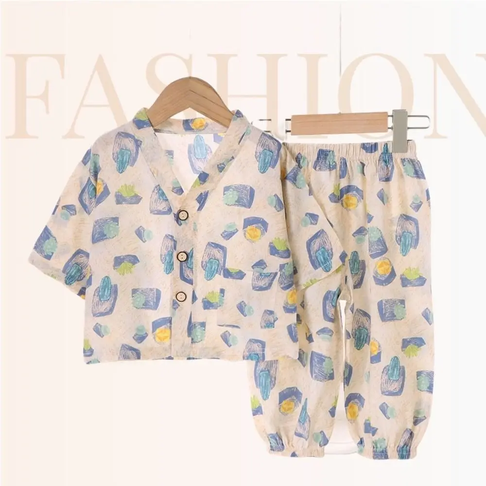 Vacation Style Leisure Wear Kids Clothing Sets Thin Print Sleepwear Pajamas Soft Short Sleeve Shirt+Short Sets Boy