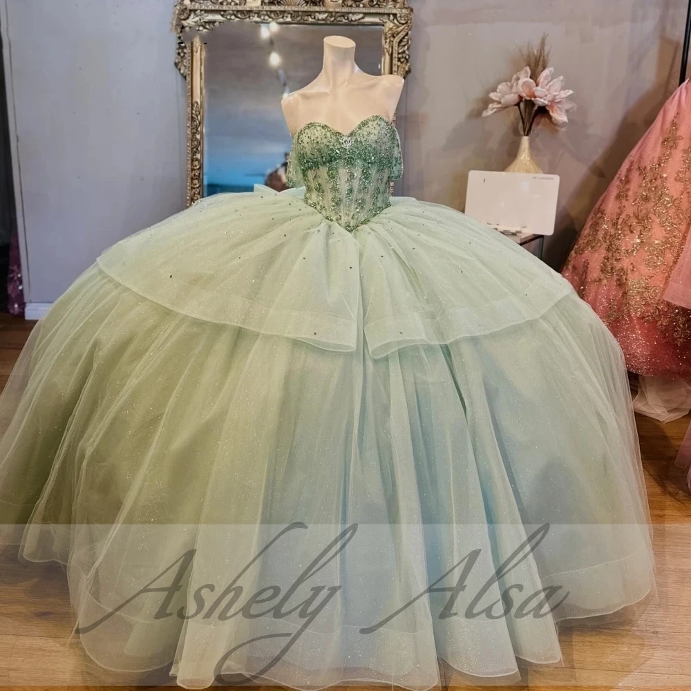 Mexican Sage Green Quinceanera Dress Ball Gown Lace Applique Beading Tiered Corset Sweet 16 Vestido De 15 Anos Prom Party Dress