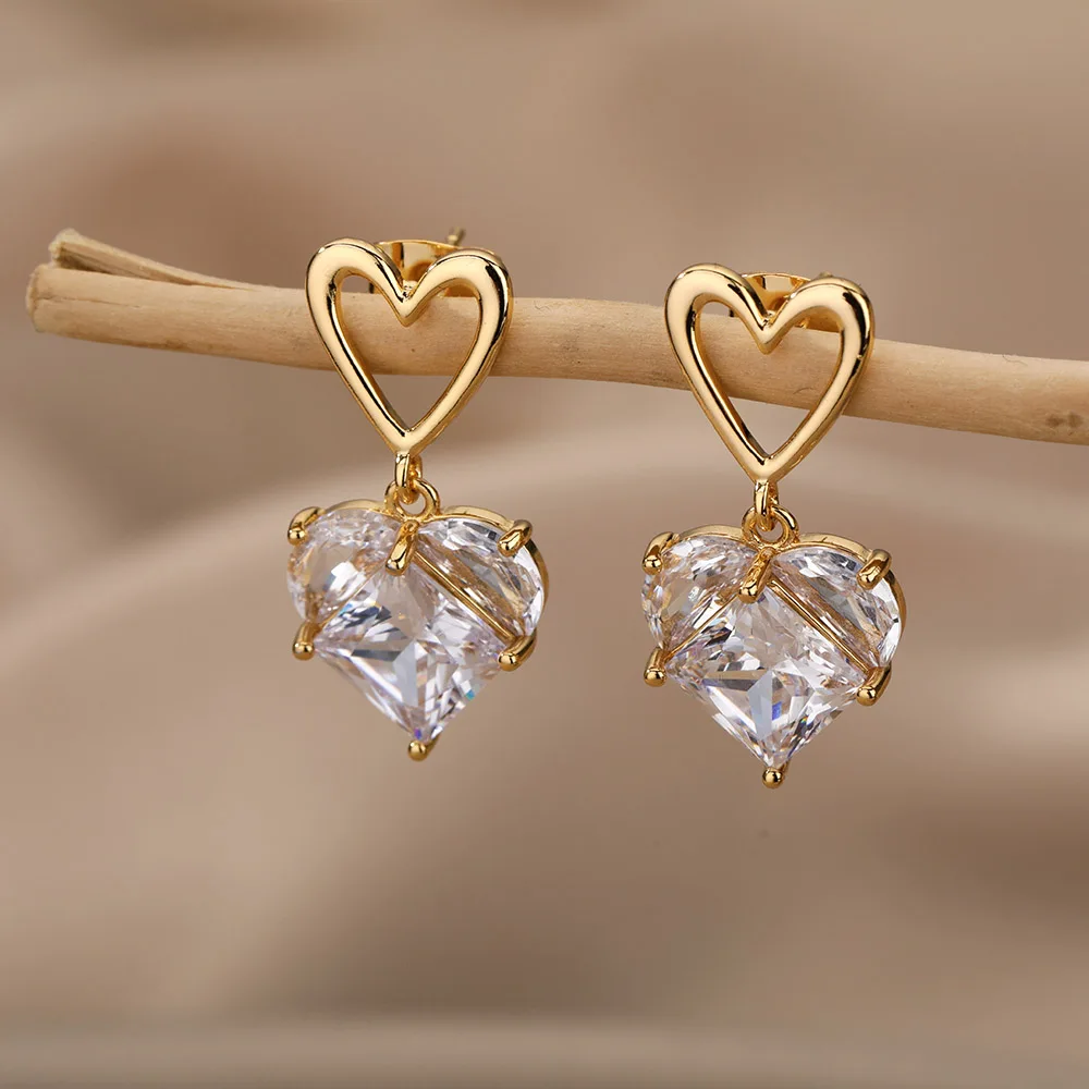 Stainless Steel Heart Earrings For Women Gold Color Fashion Zircon Love Heart Drop Earring Wedding Aesthetic Jewelry Gift 2023