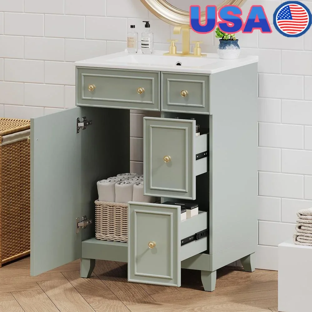 

24 Inch Bathroom Vanity Sink Freestanding Modern Solid Wood Storage Cabinet Two Drawers One Door Toiletries Organizer Durable