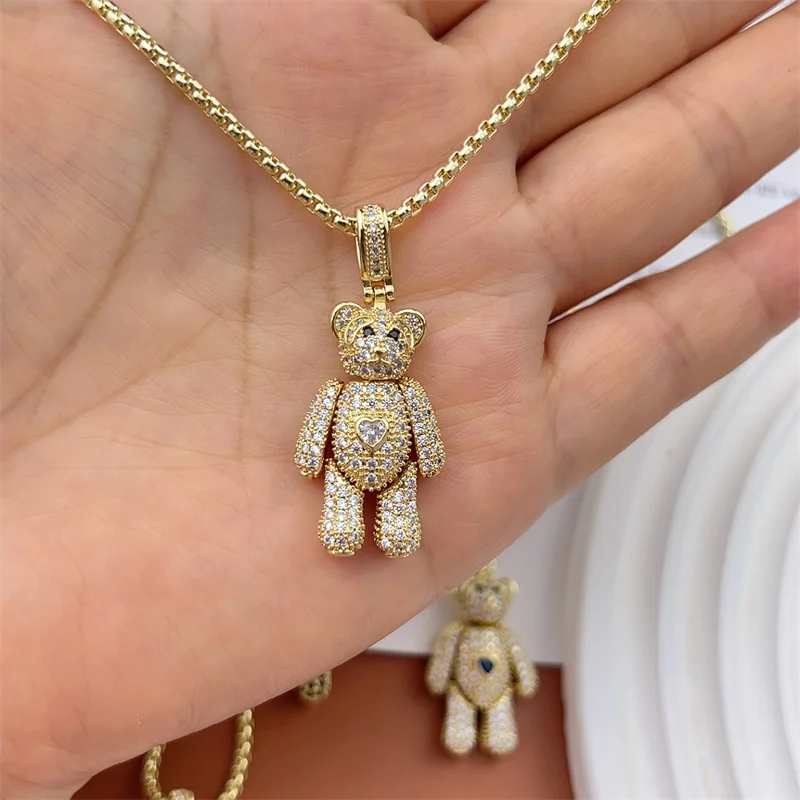 2023 New Hot Sale Cute CZ Teddy Chunky Big Crystal Bear Heart Charms For Women CZ Rhinestone Necklace Gold Plated Jewelry Gifts