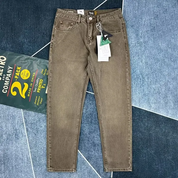 

Мужские джинсы прямого кроя в стиле ретро, цвет хаки, повседневные, износостойкие, для работы, весна-осень, хлопок, деним, молодежный стиль