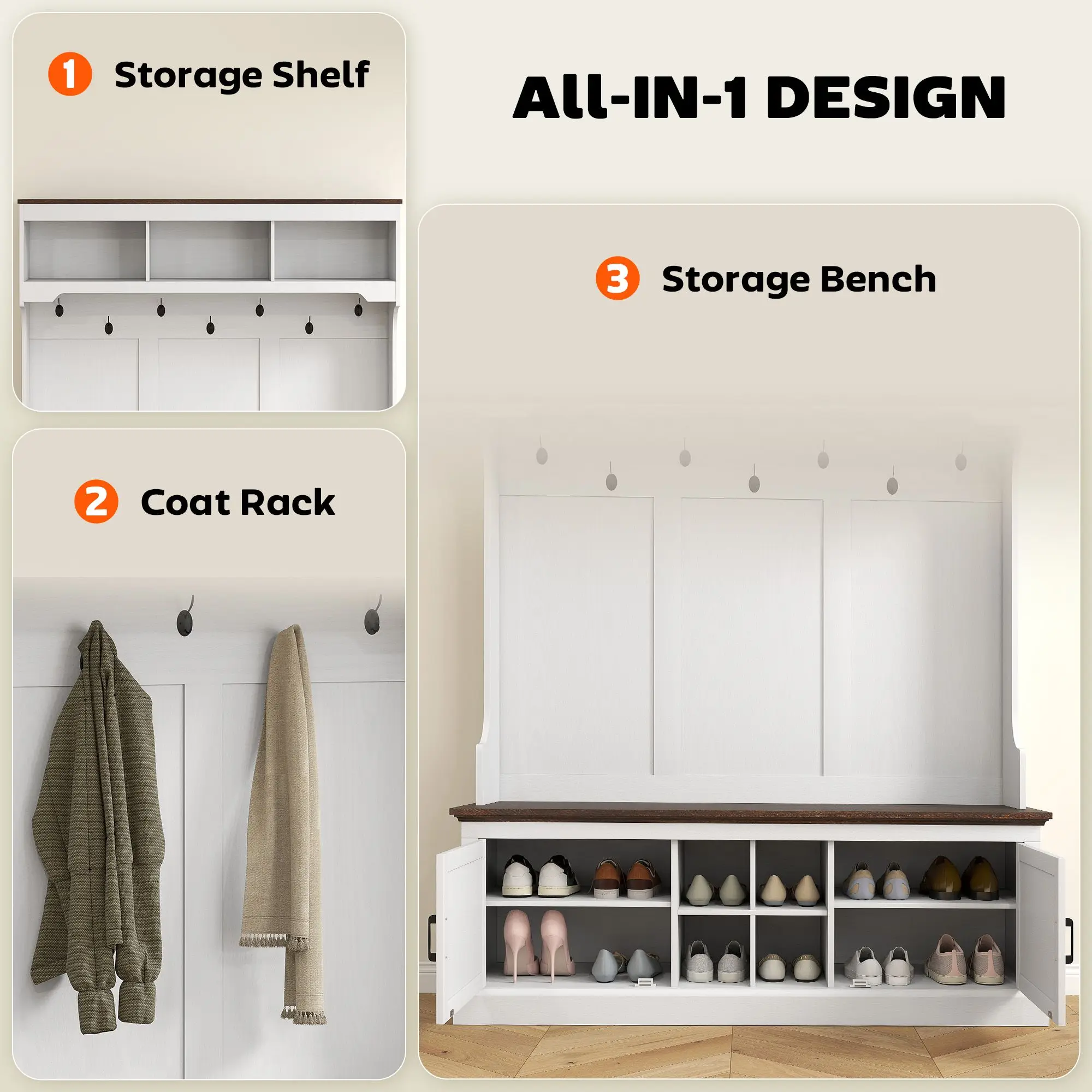 For 3-in-1 Hall Tree with Shoe Storage, Coat Rack with Bench, Entryway Furniture with Hooks, White Wood Grain