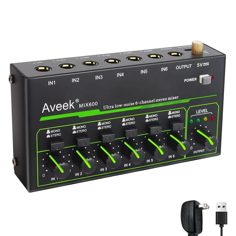 Aveek 6 Channel Mixer - Mini 6 Stereo Audio Mixer, Low-Noise for Precision Sub-Mixing,1/4