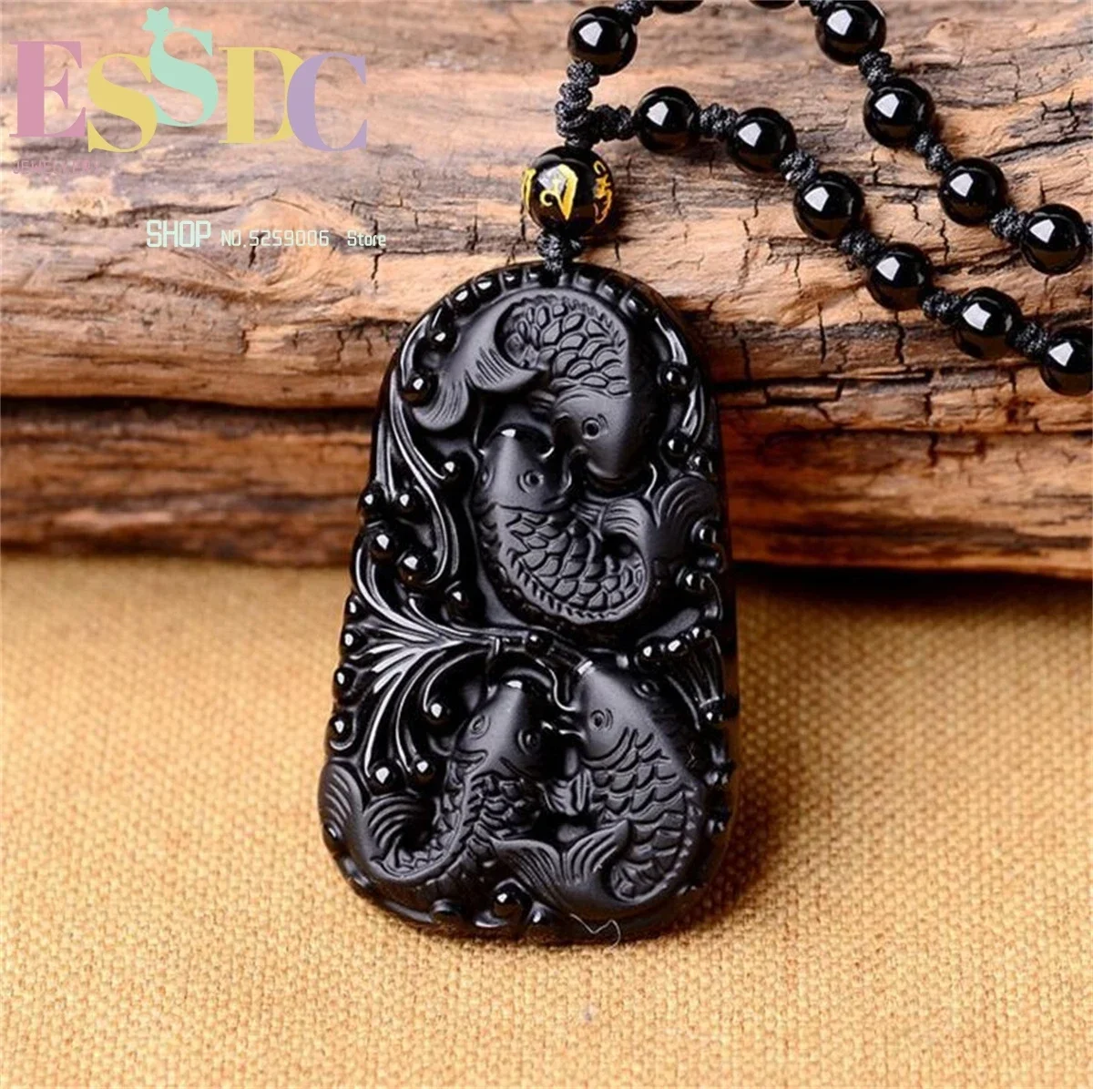 Hand-carved Natural Black Matte Obsidian Good Luck Four Fish Play Water Pendant + Free Beads Necklace Wholesale Amulet Jewelry