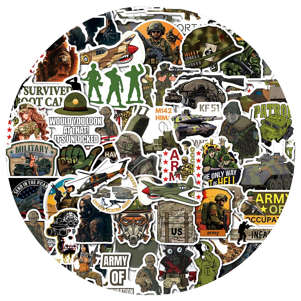 10/30/50pcs Cool Camouflage Military Equipment Graffiti Stickers Cartoon Decals DIY Helmet Bike Laptop Waterproof Sticker Packs