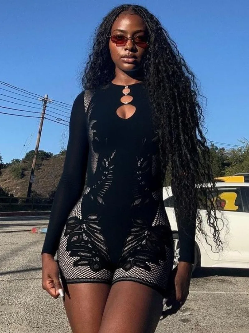 Hollow Out Jacqaurd Knit Mesh Skinny Playsuits Women Sexy Diamonds O Neck Long Sleeve Booty Lifting Slim Club Rompers Pajamas