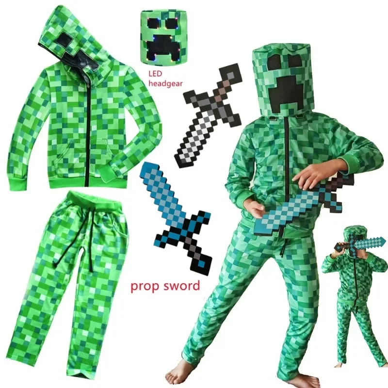 New Sportswear Kids Children Halloween Green Cosplay Costume Funny clothing Birthday Party boys C-Creeper games Set Headgear