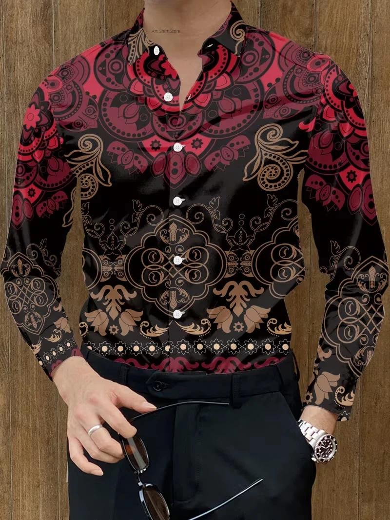 Men's new retro totem flower pattern light luxury business casual long sleeved shirt Baroque red brown interwoven top