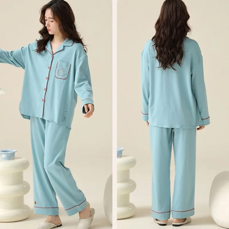 2024 Spring Autumn New Pajamas Women's Winter Cartoon Sleepwear Pure Cotton Cardigan Long Sleeved Long Pants Home Clothing Set