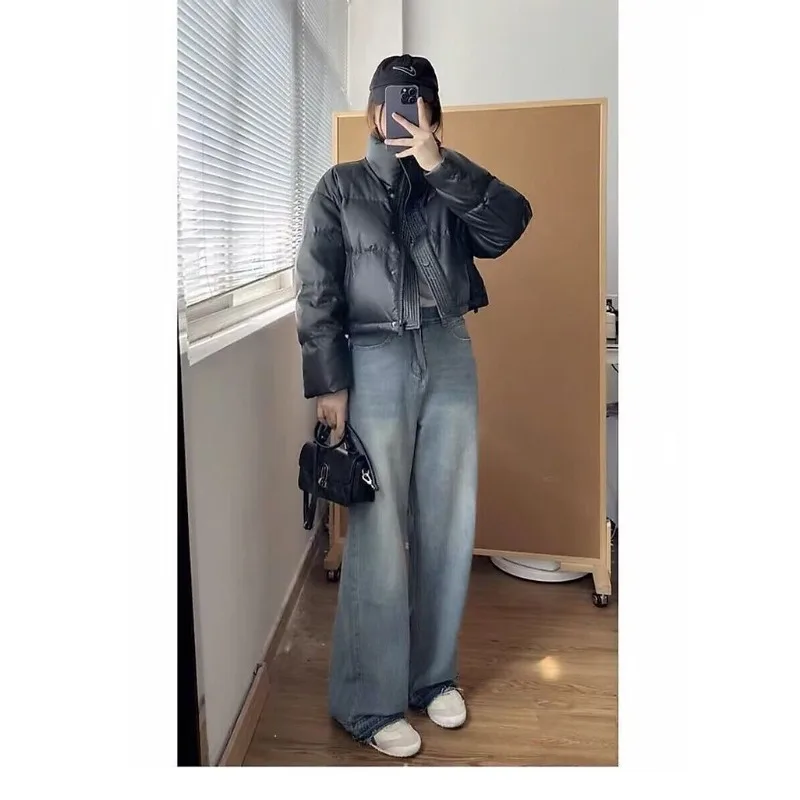 Manteau ample épais coupe-vent court col montant veste décontractée pour les femmes hiver en cuir PU sans lavage vers le bas coton