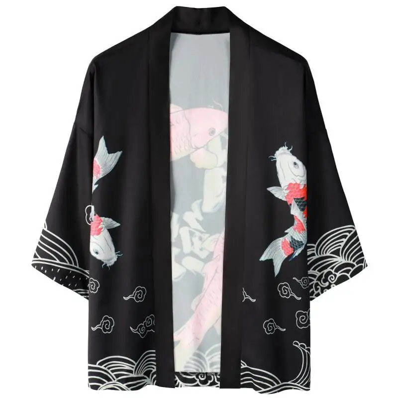 Summer Casual Kimono Cardigan with Koi Wave Print Traditional Haori Japanese Style Kimono Women Men Unisex Yukata 3XL Black Coat