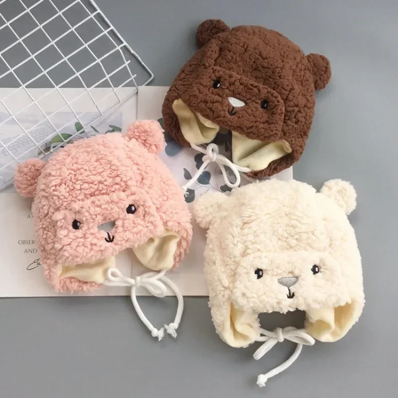 Warm Furry Baby Hat for Boy Girl Cute Cartoon Bear Plush Infant Baby Bonnet  Autumn Winter Warm Earflap Toddler Accessories