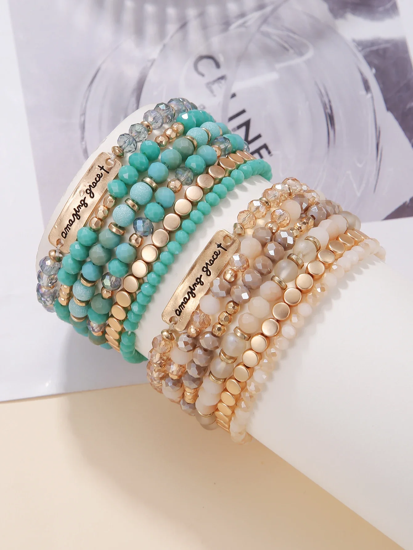

Layered Elastic Bead Bracelet Set For Women With Engraved Charm