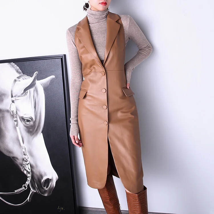 Spring New Genuine Leather Sheepskin Pendant Neck Suit Sleeveless Lapel Slim Single breasted Hip Wrapped Dress Leather