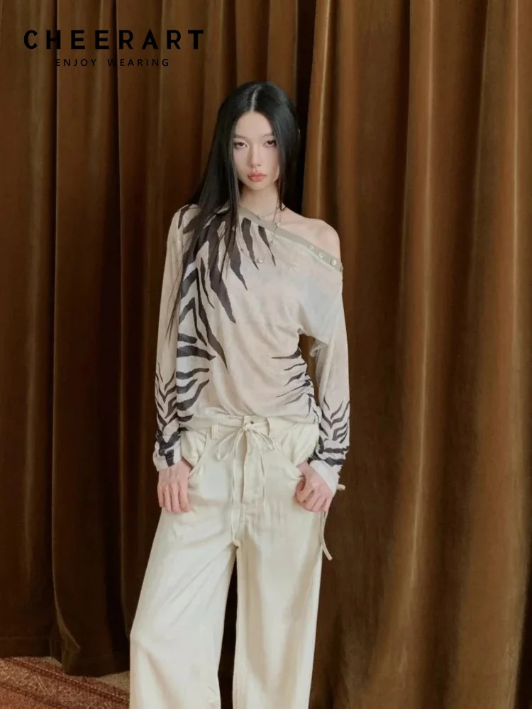 

CHEERART Zebra Off Shoulder Designer Long Sleeve Tops 2025 Fall Fashion Khaki Graphic T Shirts For Woman Autumn Clothes