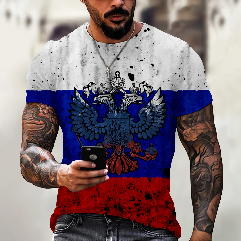 Camisetas con estampado 3D de oso ruso para hombre, cuello redondo, bandera rusa, manga corta, ropa de calle, Tops de gran tamaño, moda de verano