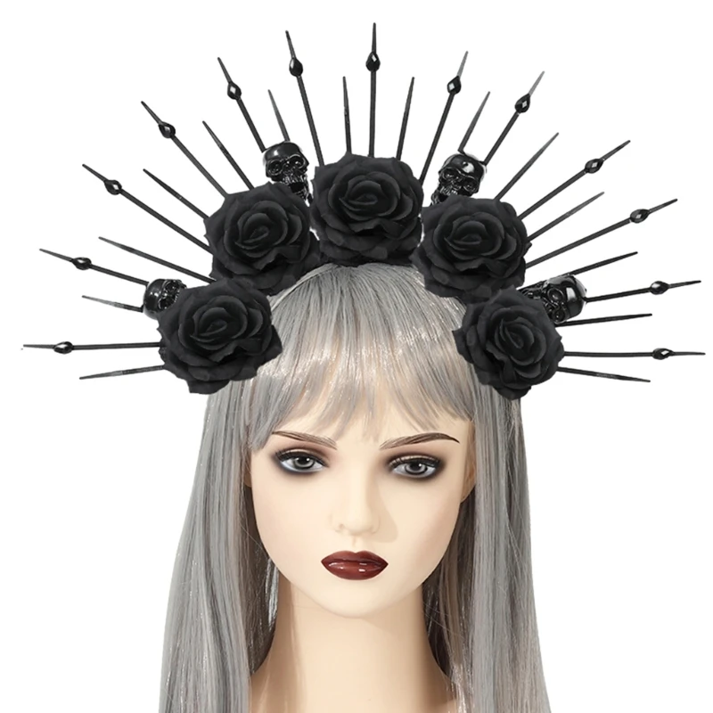 Women Gothic Spiked Headband Lady Bride Flower Crown for Halloween Party Supply Floral Garlands Crown Hair Skull Floral Headband