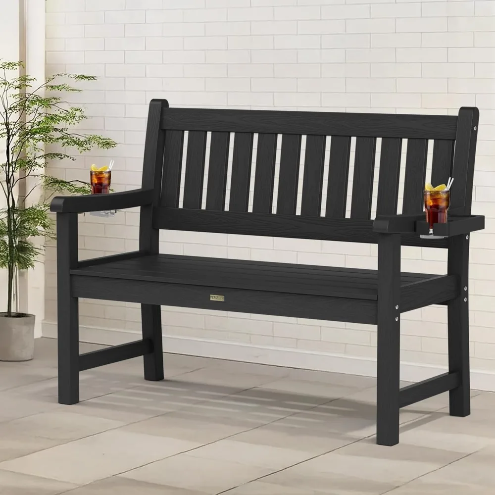 

YEFU Outdoor Bench for Patio Waterproof: Heavy Duty 2-Person Garden Bench with 2 Cup Holders & Oversized Seating - HIPS Weatherp