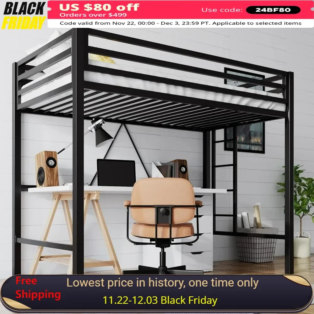 Junior Loft Bed Twin Size, Heavy Duty Twin Bed Frame with Full-Length Guardrail & Removable Stairs,Noise-Free,Space-Saving,Black