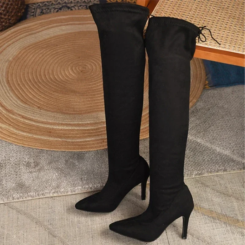 Women Fashion Boots Auutmn Winter Leopard Over The Knee Heels Quality Suede Long Comfort Pointed Sexy Boots Thigh Elastic Boots