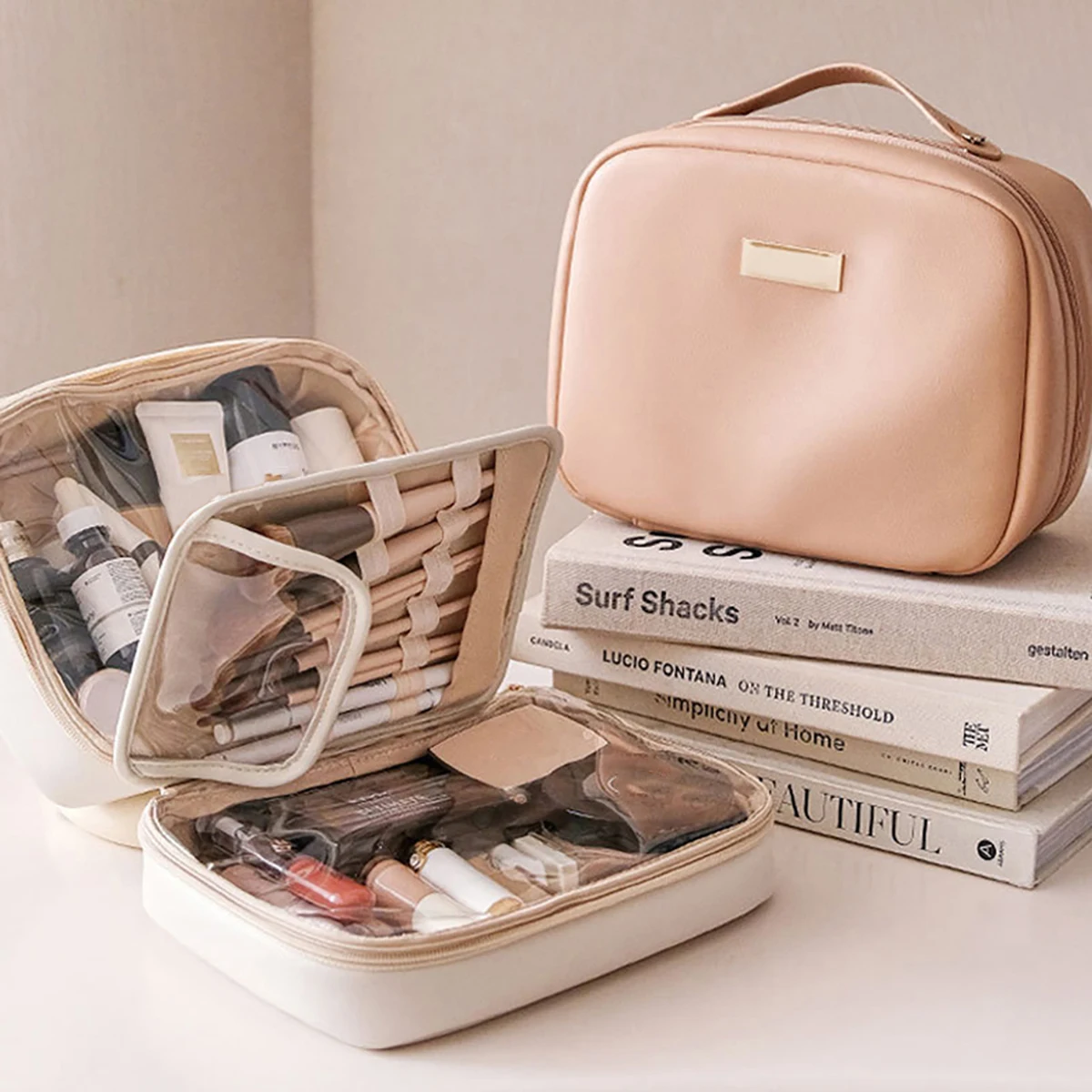 Multilayer Square Cosmetic Bag Waterproof PU Travel Makeup Pouch