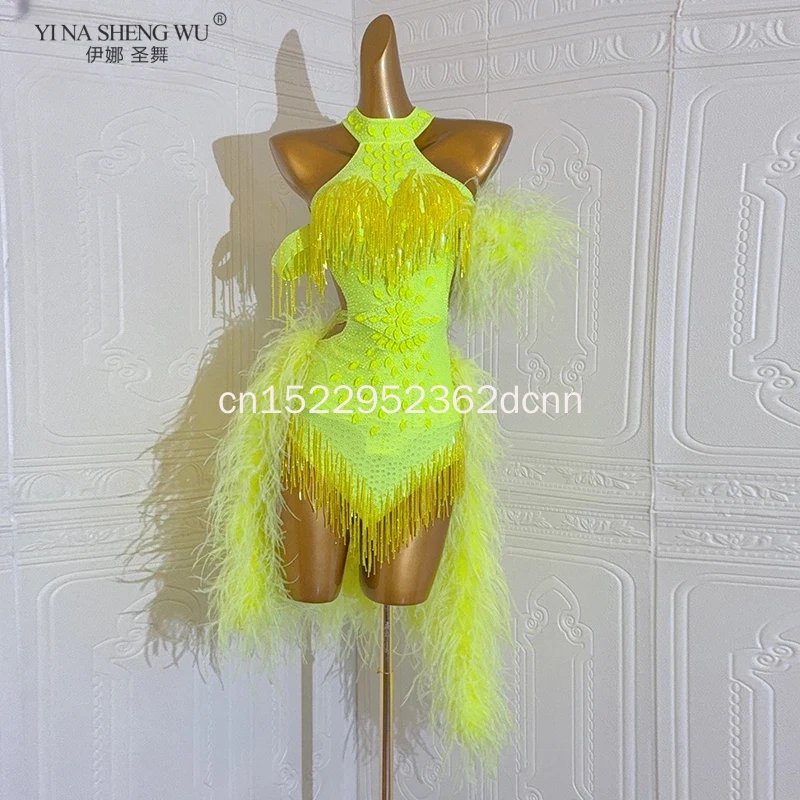 High End Customized Latin Dance Dress Fluorescent Yellow Fluffy Samba Tango Performance Clothing for Adults with AB Stone