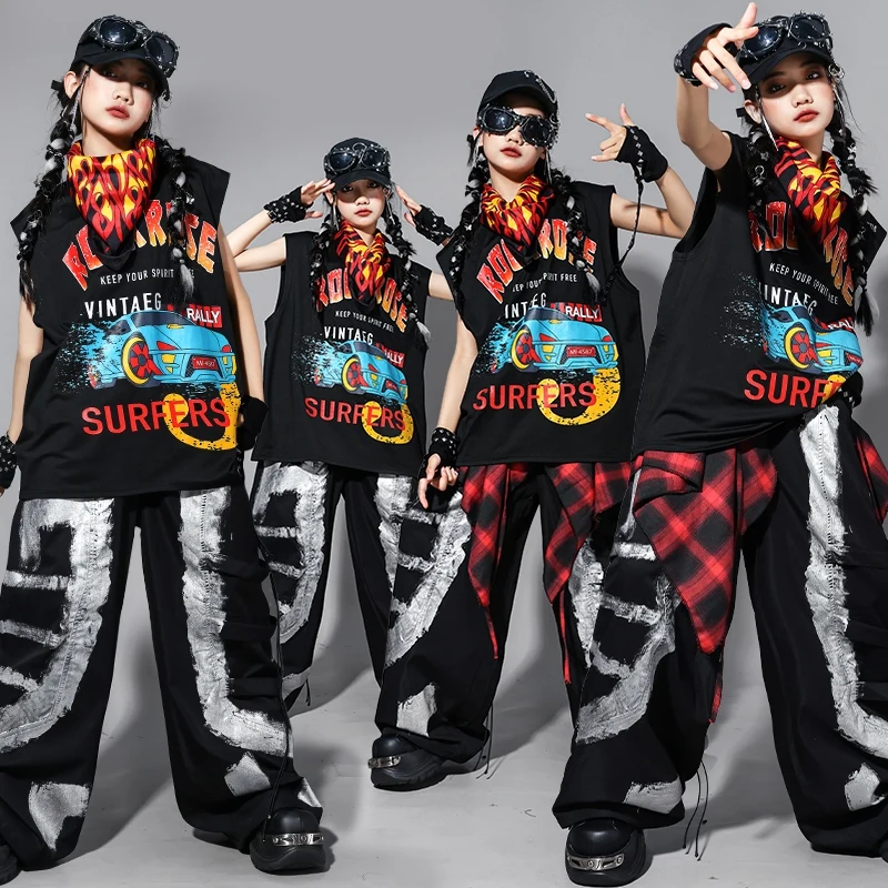 

Одежда для танцев в стиле хип-хоп для девочек, крутой костюм для уличных танцев, черный топ большого размера, брюки-тафла, детский джазовый наряд для подростков AMY2133