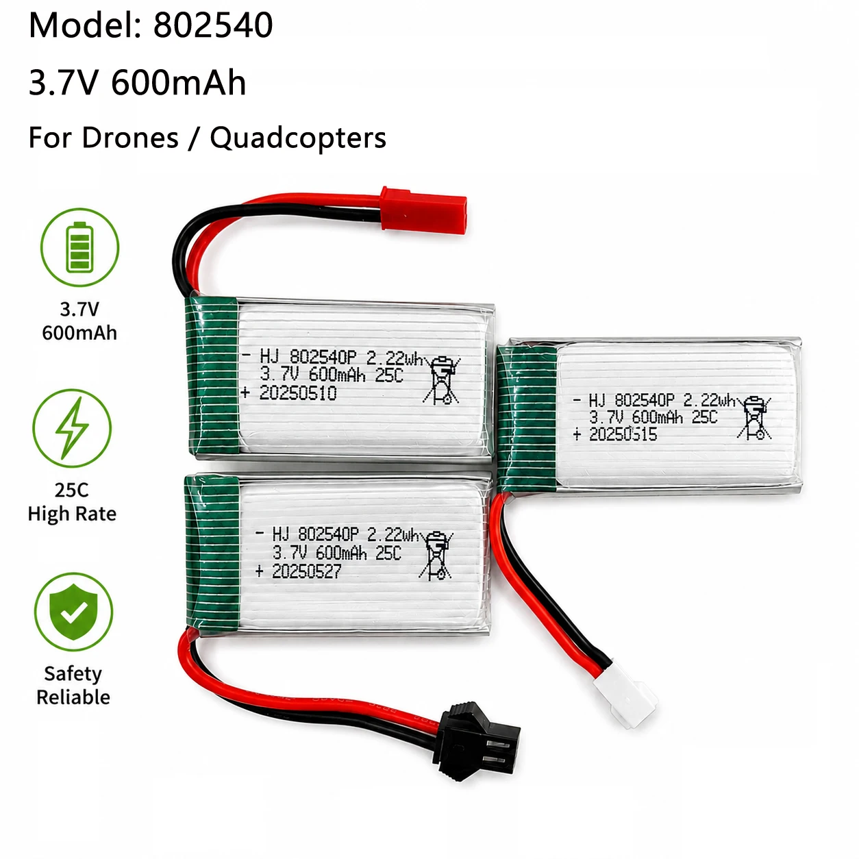 802540 3,7V 600mAh Li-Ionen-Akku für Syma X5 X5SC CX-30 M68 905 QX80 K60 RC-Drohne Ersatzakku