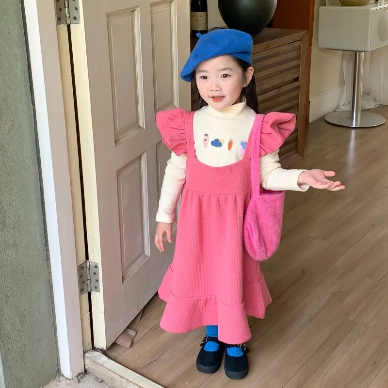 

Girls' Outfit Spring and Autumn New Fashionable Stylish Camisole Dress Cartoon Long Sleeve Knitted Base Shirt Trendy